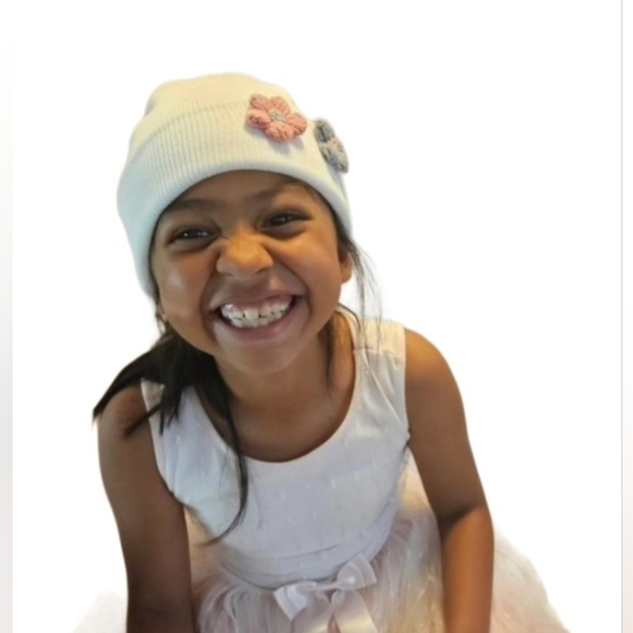 Hand Crafted Upcycled white beanie  hand Crochet pink gray flowers winter hat 8" - Picture 1 of 17